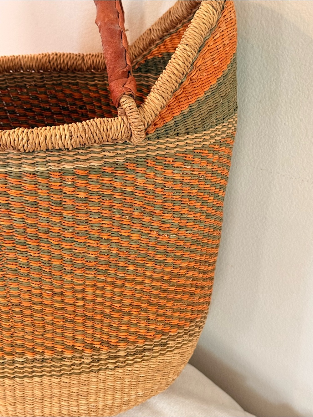 Handwoven African Straw Tote in Orange, Green and Natural with Leather Handles - Picture 11 of 11